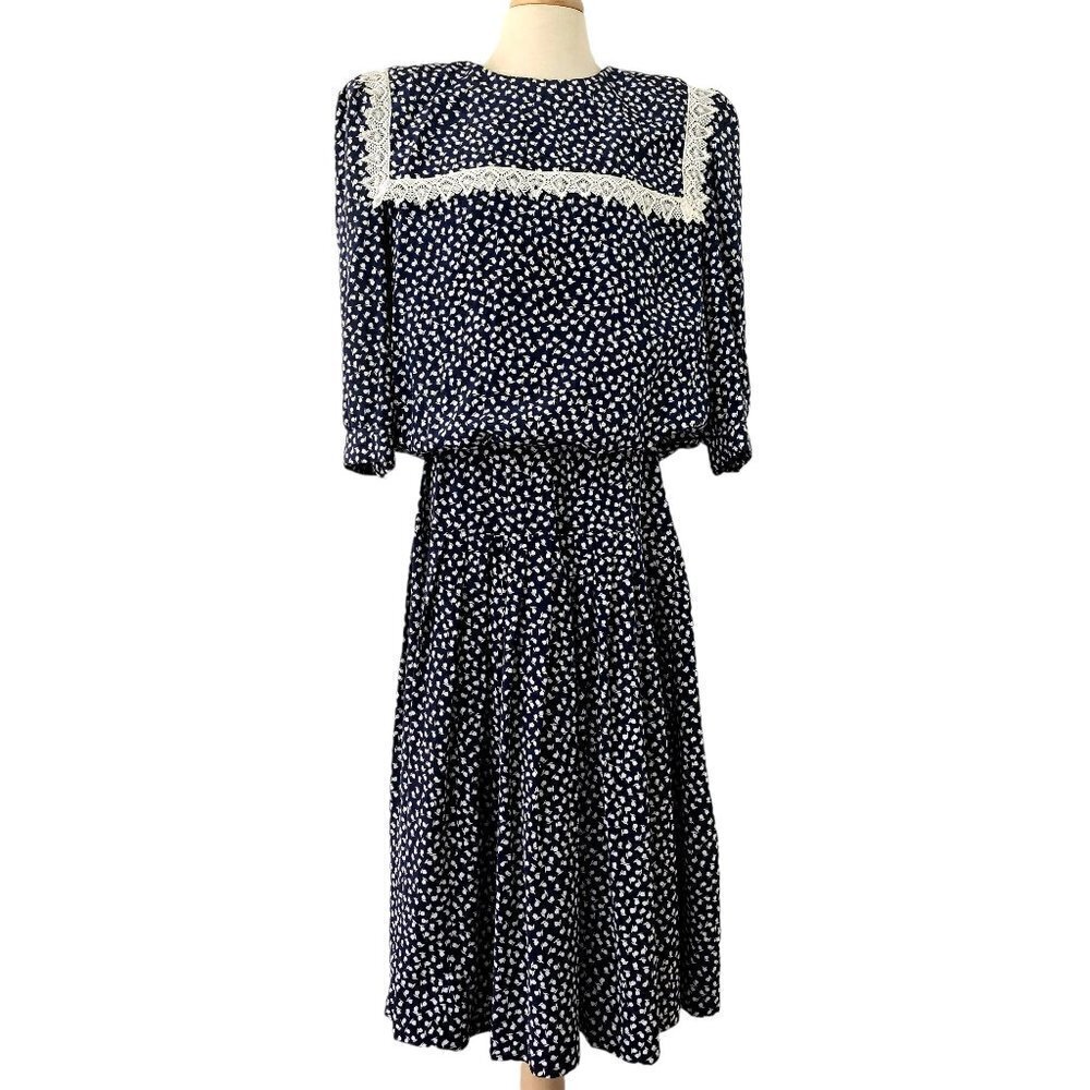 80s Puritan Collar Dress Blouson Drop Waist 3/4 Sleeve Navy White Act II Size 16